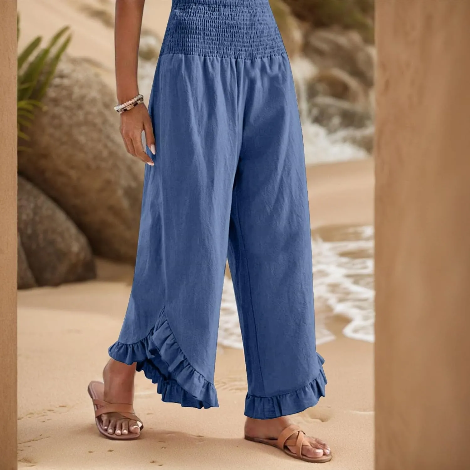 Palazzo Pants Women Casual Summer Smocked Waisted Linen Pants Trendy Ruffle Hem Wide Leg Trousers Loose Fit Beach Pant