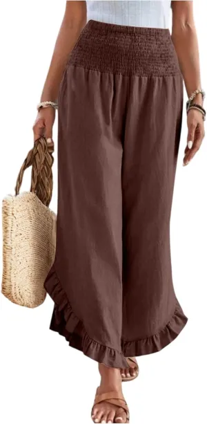 Palazzo Pants Women Casual Summer Smocked Waisted Linen Pants Trendy Ruffle Hem Wide Leg Trousers Loose Fit Beach Pant