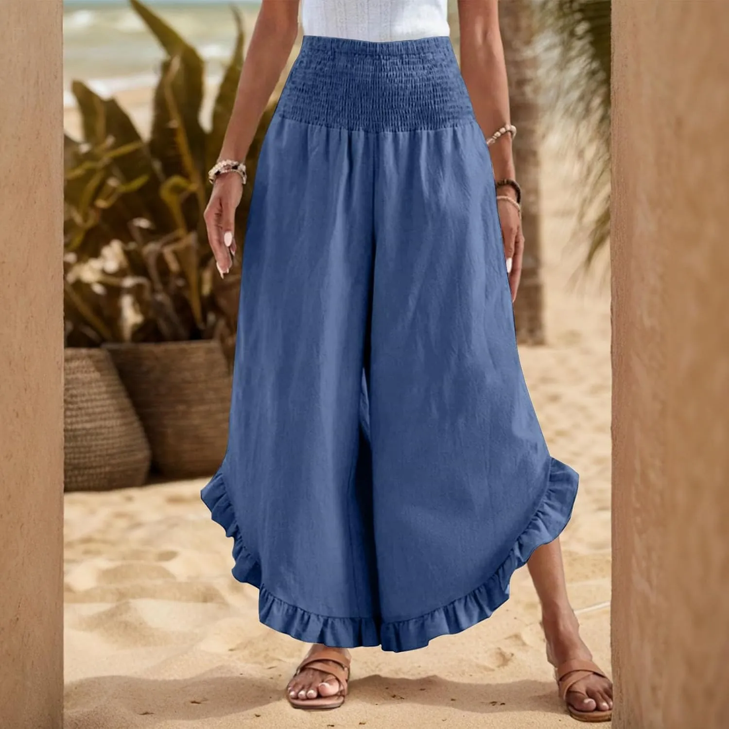 Palazzo Pants Women Casual Summer Smocked Waisted Linen Pants Trendy Ruffle Hem Wide Leg Trousers Loose Fit Beach Pant