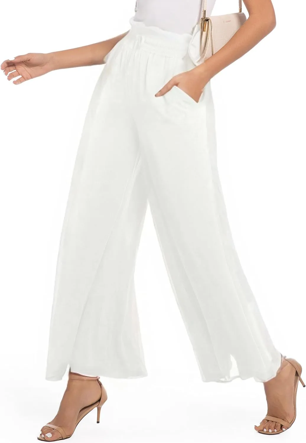 Pants for Women Casual Elastic High Waist Flowy Wide Leg Pants with Pockets
