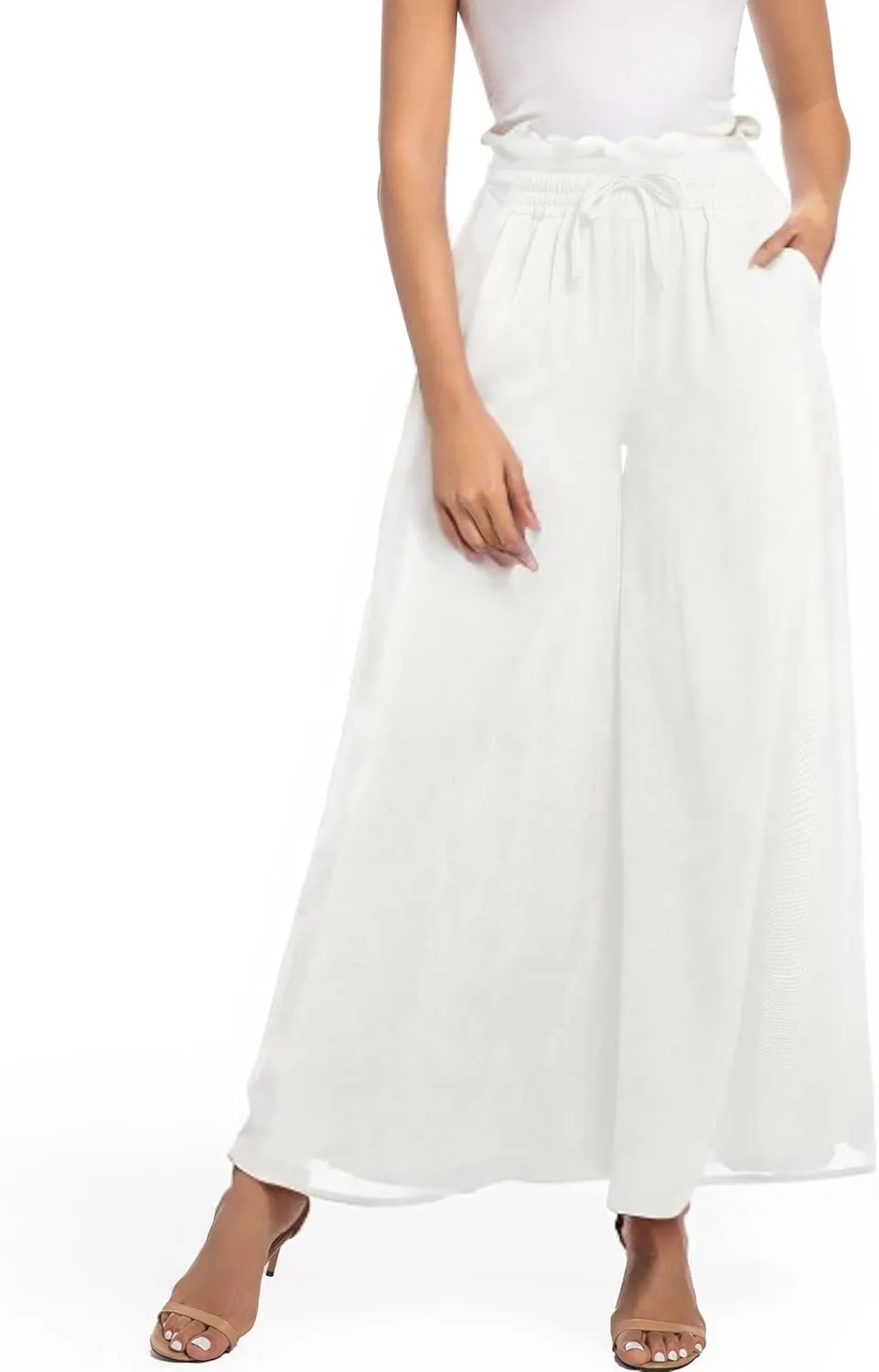 Pants for Women Casual Elastic High Waist Flowy Wide Leg Pants with Pockets