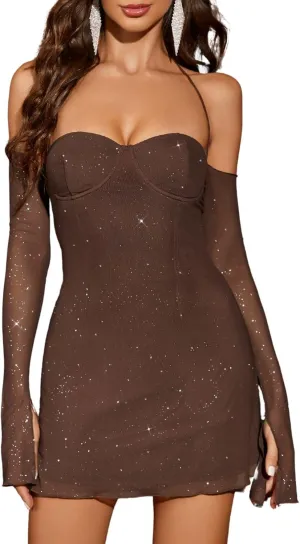 Parthea Womens Sexy Dress Sequin Sparkly Glitter Dress Off Shoulder Long Sleeve Party Club Going Out Mini Dresses