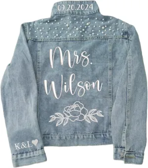 Personalized Bride Denim Jacket Embroidered, Mrs Jean Jacket Women For Wedding, Bride Denim Jackets For Wedding, Bride Jean Jacket With Pearls, Future Mrs Jacket Jean, Wedding Gifts For Bride