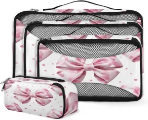Pink Gift Bow 4 Pcs set of Packing Cubes for Suitcases, Packing Cubes for Travel Accessories Luggage Carry On Suitcase Organizer Bags, 4 Various Sizes Bow