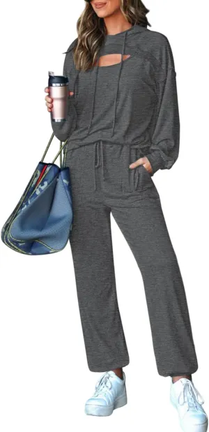 Pink Queen Womens 2 Piece Sweatsuit Outfits Long Sleeve Cutout Hoodies and Drawstring Pants Tracksuit Lounge Set with Pockets