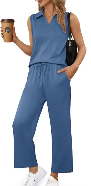 PINSPARK Two Piece Sets for Women Sleeveless Outfits Travel Tracksuit V Neck Top Wide Leg Pant Lounge Sets 2025 Summer