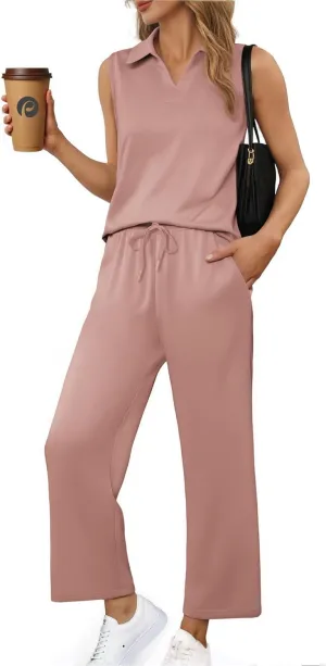 PINSPARK Two Piece Sets for Women Sleeveless Outfits Travel Tracksuit V Neck Top Wide Leg Pant Lounge Sets 2025 Summer