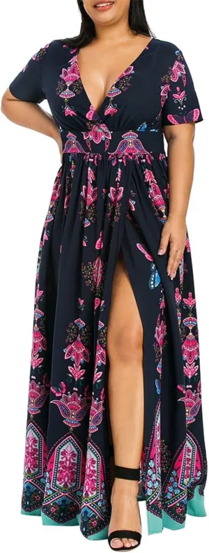 Plus Size Dresses for Curvy Women,2024 Spring Summer Elegant Wrap V Neck Bodycon Maxi Dress,Trendy Vintage Floral Print Short Sleeve Boho Dress,Flowy Ruched High Slit Beach Dress(D-Pink,3XL)