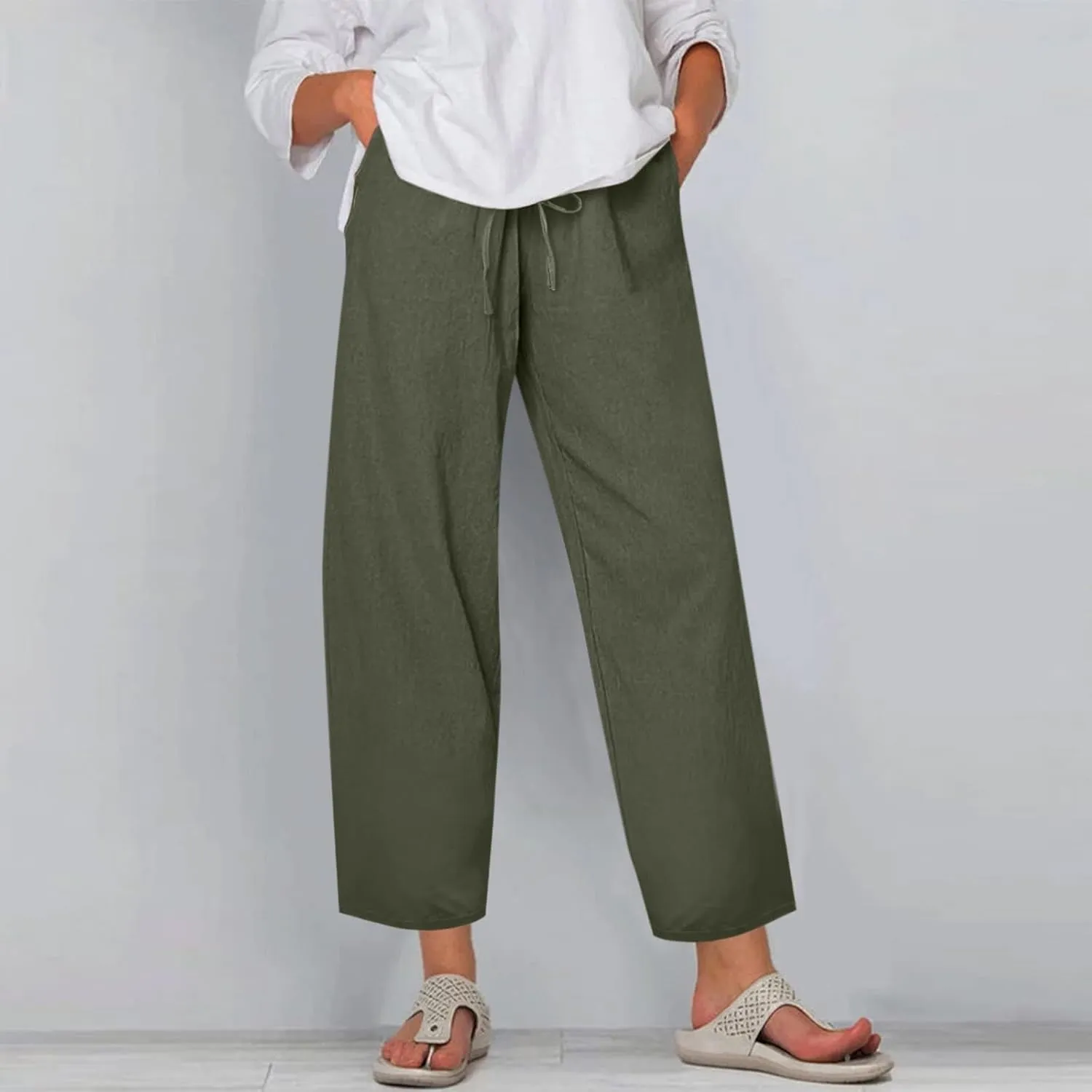 Plus Size Pants for Women Summer Drawstring High Waist Straight Leg Slacks Solid Color Travel Trousers with Pockets