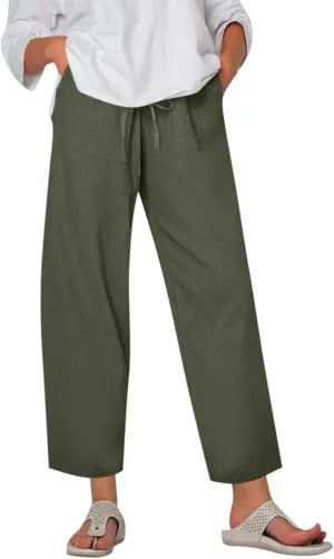 Plus Size Pants for Women Summer Drawstring High Waist Straight Leg Slacks Solid Color Travel Trousers with Pockets