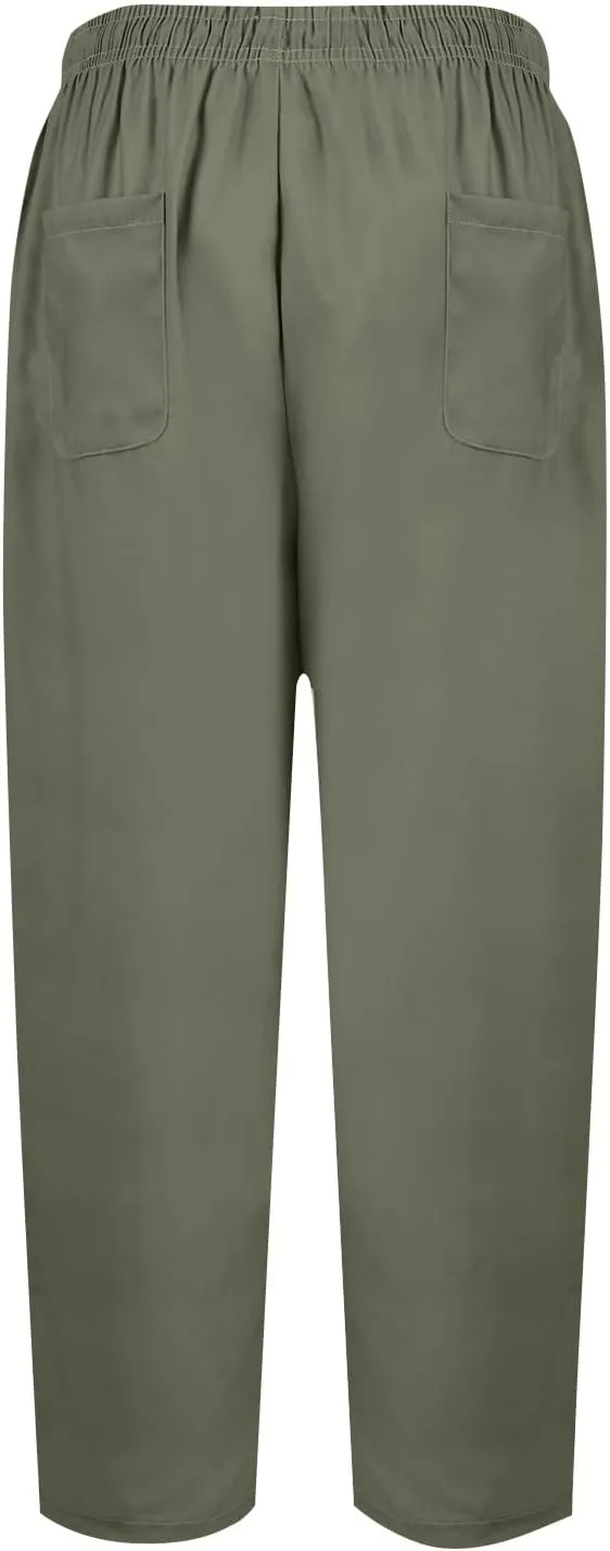 Plus Size Pants for Women Summer Drawstring High Waist Straight Leg Slacks Solid Color Travel Trousers with Pockets