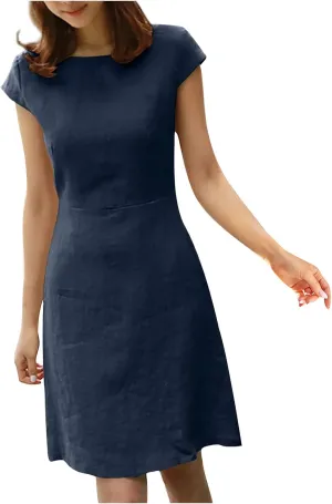 Plus Size Women Cotton Linen Cap Sleeve Dressy Dress Summer V Type Zipper Back Casual High Waist Solid A-Line Dress