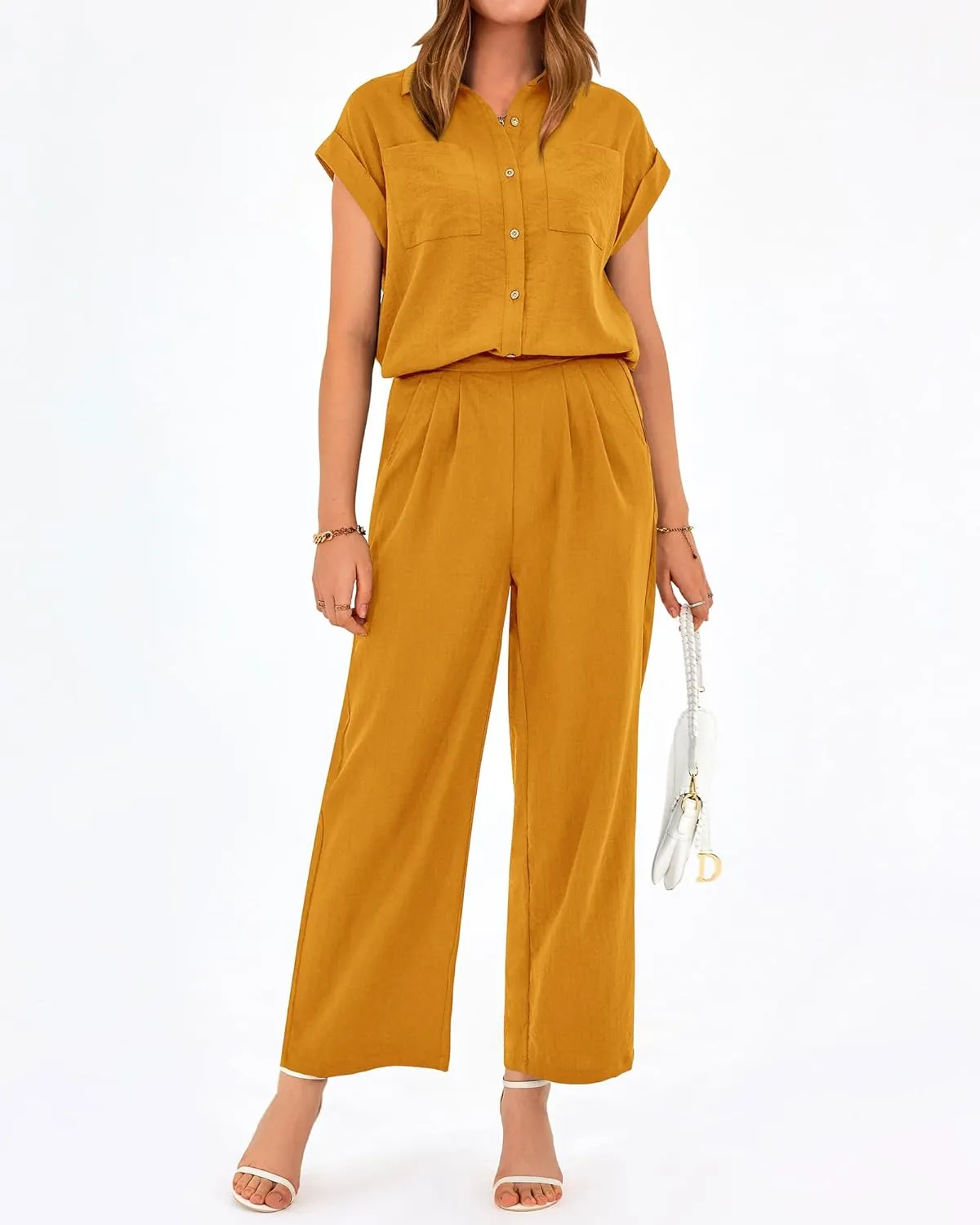 PRETTYGARDEN Womens 2 Piece sets Summer Cap Sleeve Tops Palazzo Pants Dressy Casual Vacation Travel Outfits Tracksuits