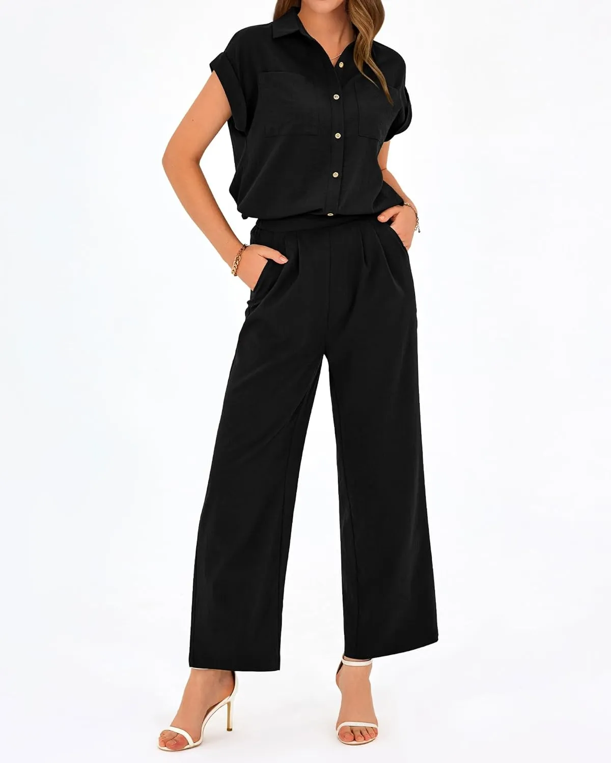 PRETTYGARDEN Womens 2 Piece sets Summer Cap Sleeve Tops Palazzo Pants Dressy Casual Vacation Travel Outfits Tracksuits