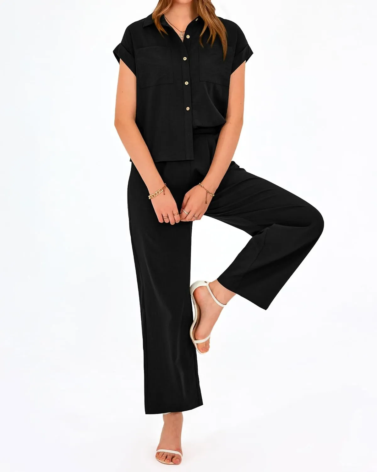 PRETTYGARDEN Womens 2 Piece sets Summer Cap Sleeve Tops Palazzo Pants Dressy Casual Vacation Travel Outfits Tracksuits
