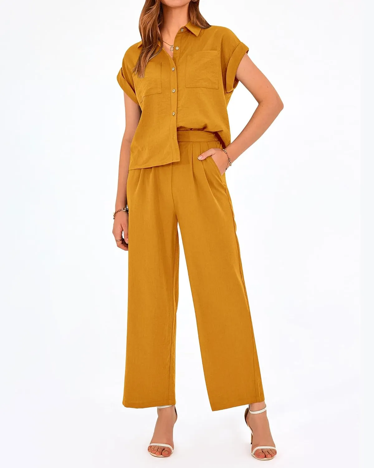 PRETTYGARDEN Womens 2 Piece sets Summer Cap Sleeve Tops Palazzo Pants Dressy Casual Vacation Travel Outfits Tracksuits