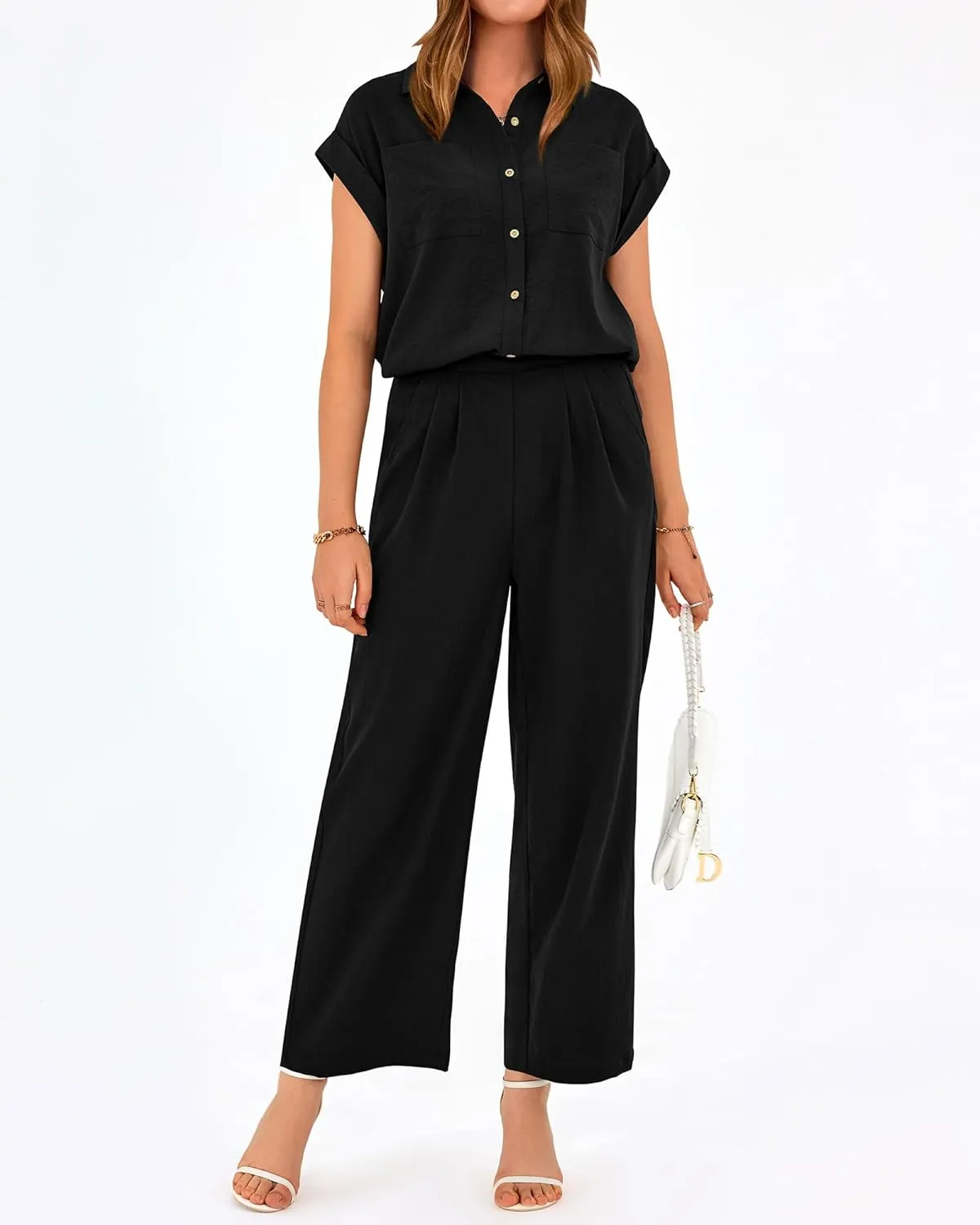 PRETTYGARDEN Womens 2 Piece sets Summer Cap Sleeve Tops Palazzo Pants Dressy Casual Vacation Travel Outfits Tracksuits