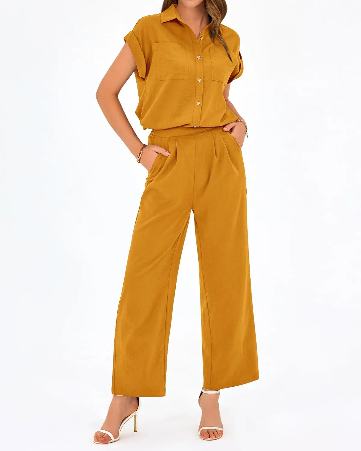 PRETTYGARDEN Womens 2 Piece sets Summer Cap Sleeve Tops Palazzo Pants Dressy Casual Vacation Travel Outfits Tracksuits