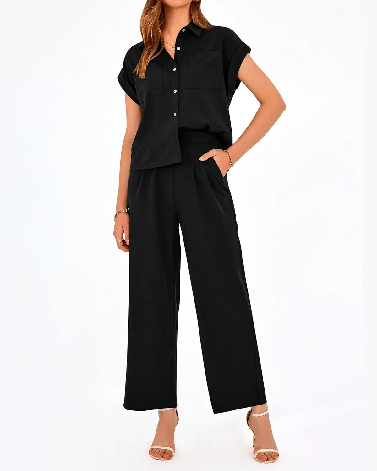 PRETTYGARDEN Womens 2 Piece sets Summer Cap Sleeve Tops Palazzo Pants Dressy Casual Vacation Travel Outfits Tracksuits
