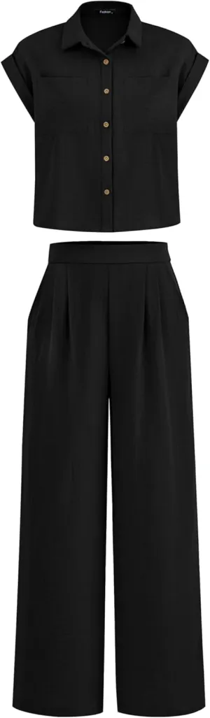 PRETTYGARDEN Womens 2 Piece sets Summer Cap Sleeve Tops Palazzo Pants Dressy Casual Vacation Travel Outfits Tracksuits