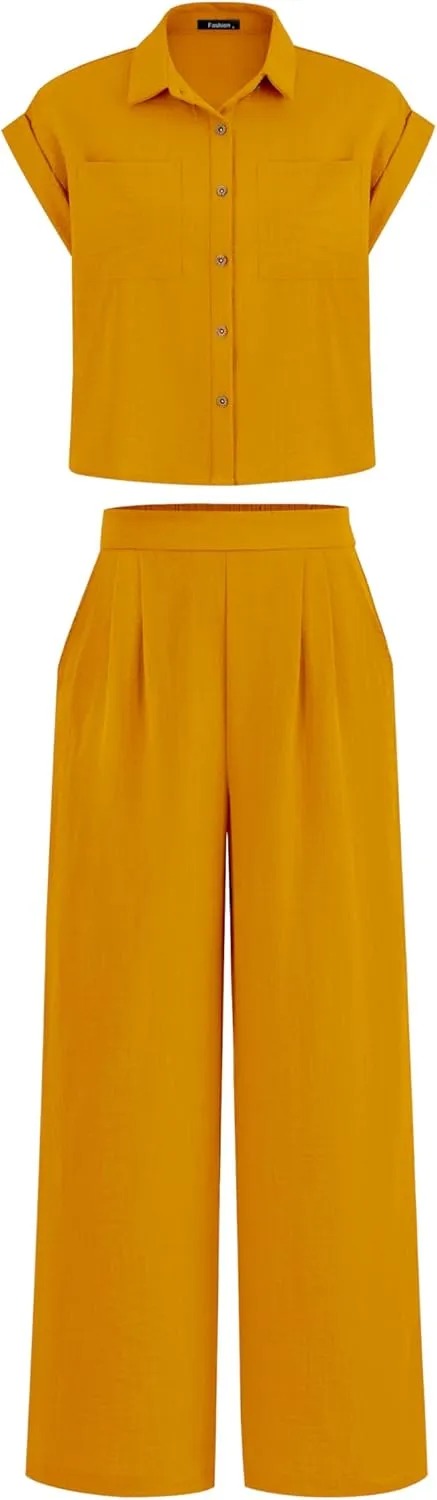 PRETTYGARDEN Womens 2 Piece sets Summer Cap Sleeve Tops Palazzo Pants Dressy Casual Vacation Travel Outfits Tracksuits