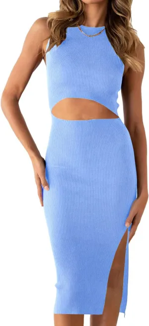PRETTYGARDEN Women's Summer Midi Bodycon Dresses Casual Crew Neck Side Slit Sleeveless Knit Cut Out Tank Top Dress