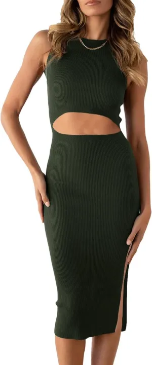 PRETTYGARDEN Women's Summer Midi Bodycon Dresses Casual Crew Neck Side Slit Sleeveless Knit Cut Out Tank Top Dress