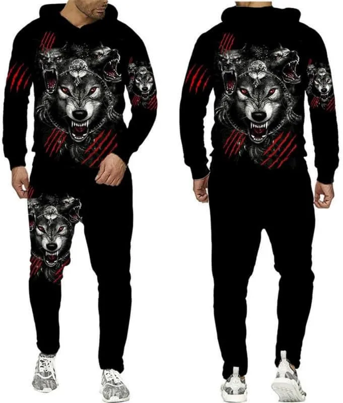 prigridche Wolf & Lion 3D Printed Hoodie Pants Suit Male Autumn Winter Casual Sweashirt Pullover Tracksuit Set