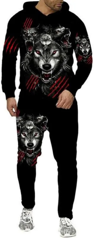 prigridche Wolf & Lion 3D Printed Hoodie Pants Suit Male Autumn Winter Casual Sweashirt Pullover Tracksuit Set