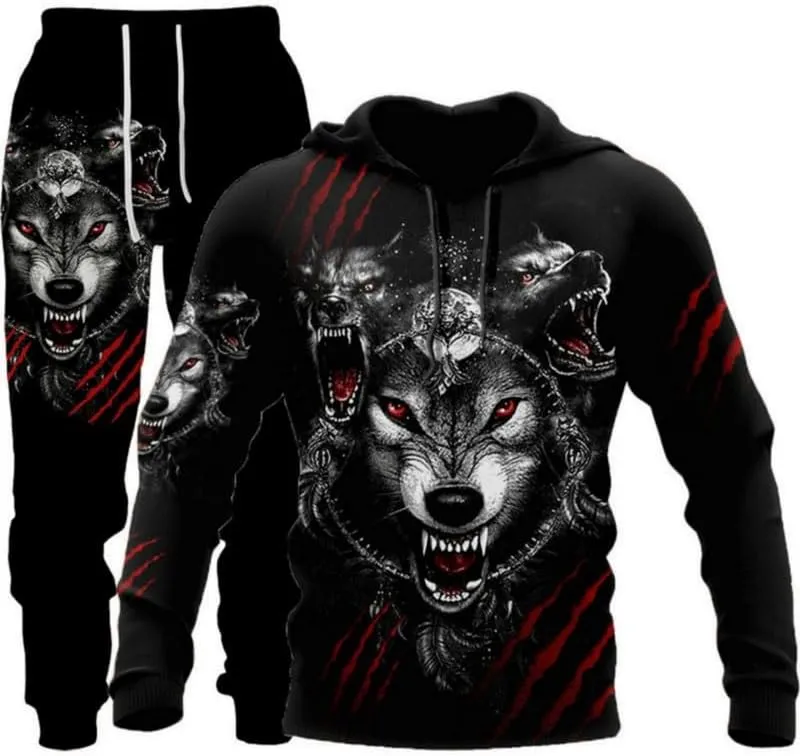 prigridche Wolf & Lion 3D Printed Hoodie Pants Suit Male Autumn Winter Casual Sweashirt Pullover Tracksuit Set