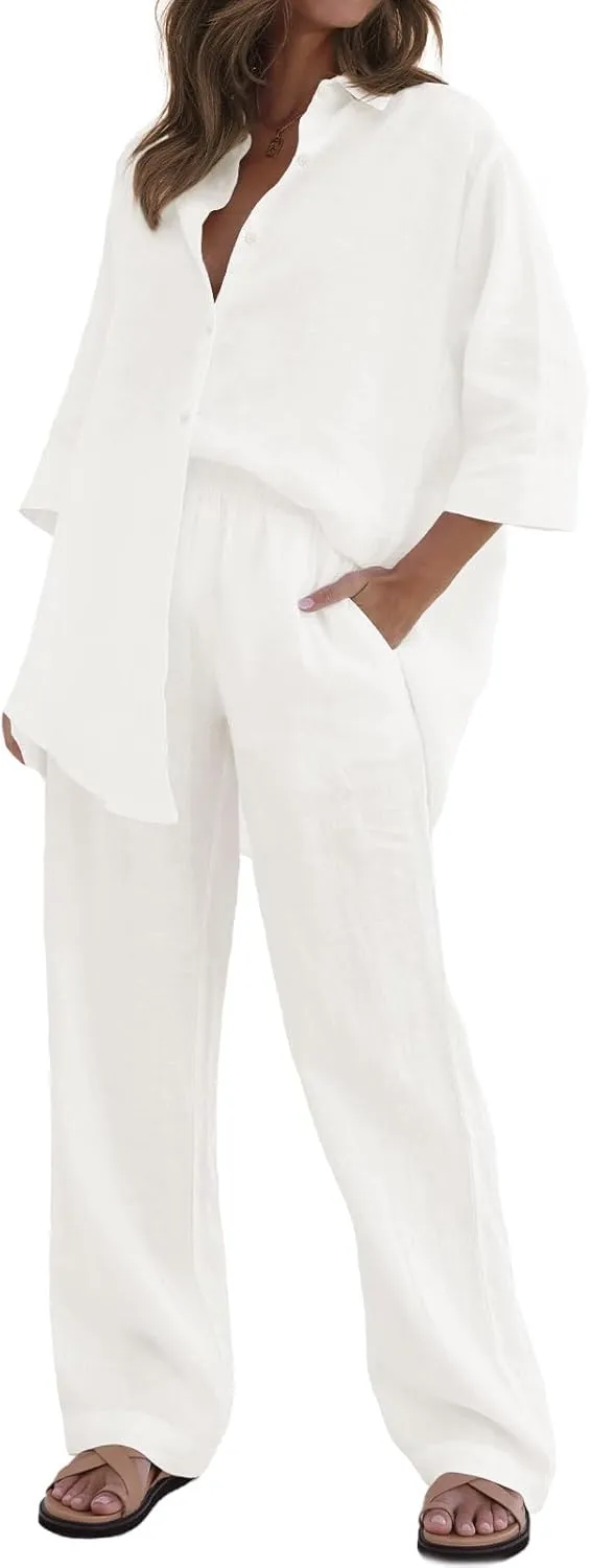 RAISECOM Women's 2 Piece Outfits Sets Button Down Half Sleeve Shirts and Long Pants Summer Casual Vacation Loungewear