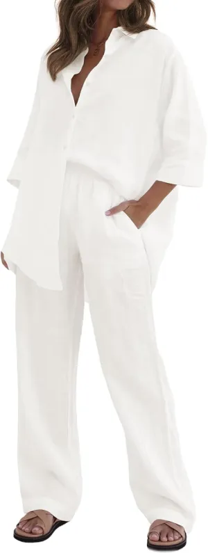 RAISECOM Women's 2 Piece Outfits Sets Button Down Half Sleeve Shirts and Long Pants Summer Casual Vacation Loungewear