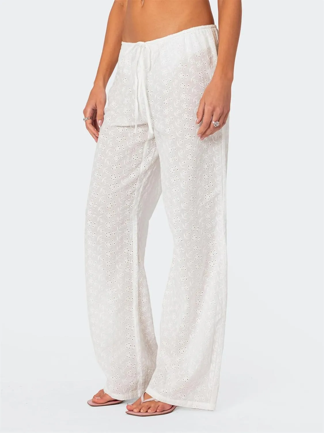 Raruxxin Y2K Eyelet Pants for Women Cute Flower Embroidered Pants Casual Loose Wide Leg High Waist Palazzo Lounge Trousers
