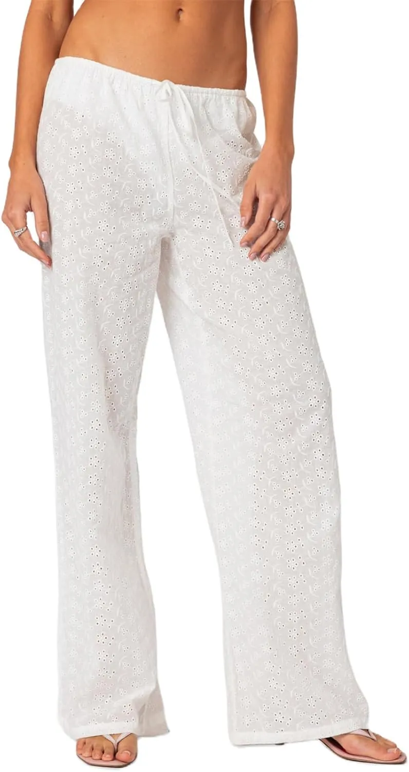 Raruxxin Y2K Eyelet Pants for Women Cute Flower Embroidered Pants Casual Loose Wide Leg High Waist Palazzo Lounge Trousers