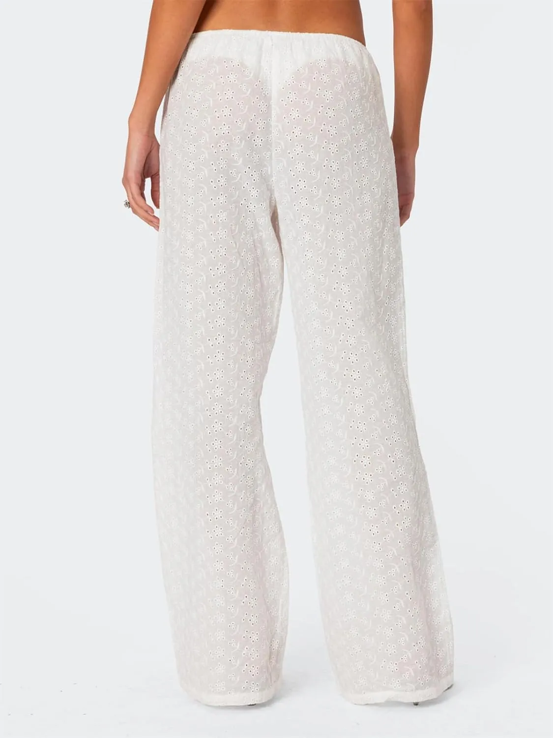 Raruxxin Y2K Eyelet Pants for Women Cute Flower Embroidered Pants Casual Loose Wide Leg High Waist Palazzo Lounge Trousers