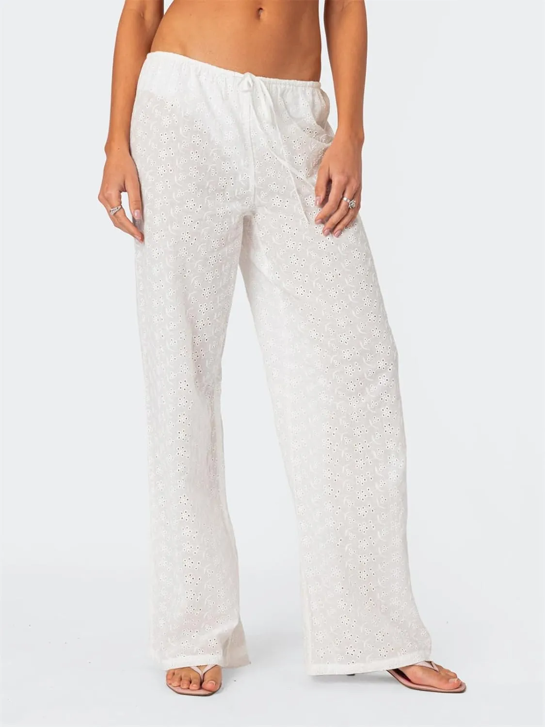Raruxxin Y2K Eyelet Pants for Women Cute Flower Embroidered Pants Casual Loose Wide Leg High Waist Palazzo Lounge Trousers