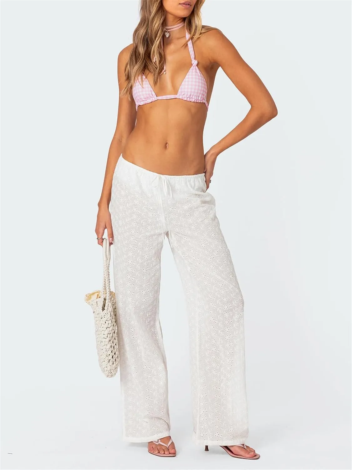 Raruxxin Y2K Eyelet Pants for Women Cute Flower Embroidered Pants Casual Loose Wide Leg High Waist Palazzo Lounge Trousers