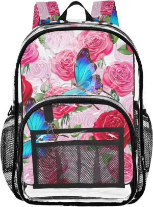 Red Pink Roses Blue Butterflies Travel Clear Bags for Women Kids Backpack for Girls Pvc School Plastic Bookbag