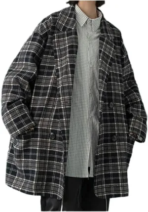 Retro Vintage Plaid Blazer Oversized for Girl, Women's Notched Lapels Double Breasted Check Blazer Jacket