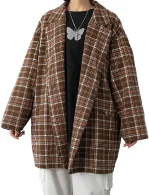 Retro Vintage Plaid Blazer Oversized for Girl, Women's Notched Lapels Double Breasted Check Blazer Jacket