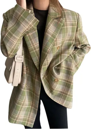 Retro Vintage Plaid Blazer Oversized for Girl, Women's Notched Lapels Double Breasted Check Blazer Jacket