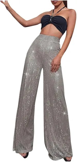Sequin Pants for Women 2023 High Waist Bell Bottoms Glitter Wide Leg Palazzo Pants Night Club Sparkle Flared Trousers