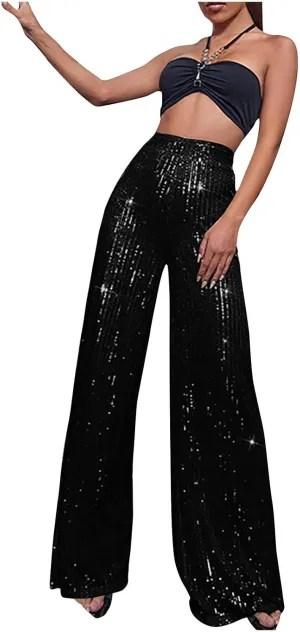 Sequin Pants for Women 2023 High Waist Bell Bottoms Glitter Wide Leg Palazzo Pants Night Club Sparkle Flared Trousers