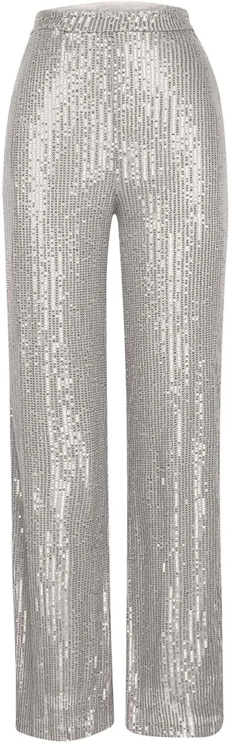 Sequin Pants for Women 2023 High Waist Bell Bottoms Glitter Wide Leg Palazzo Pants Night Club Sparkle Flared Trousers