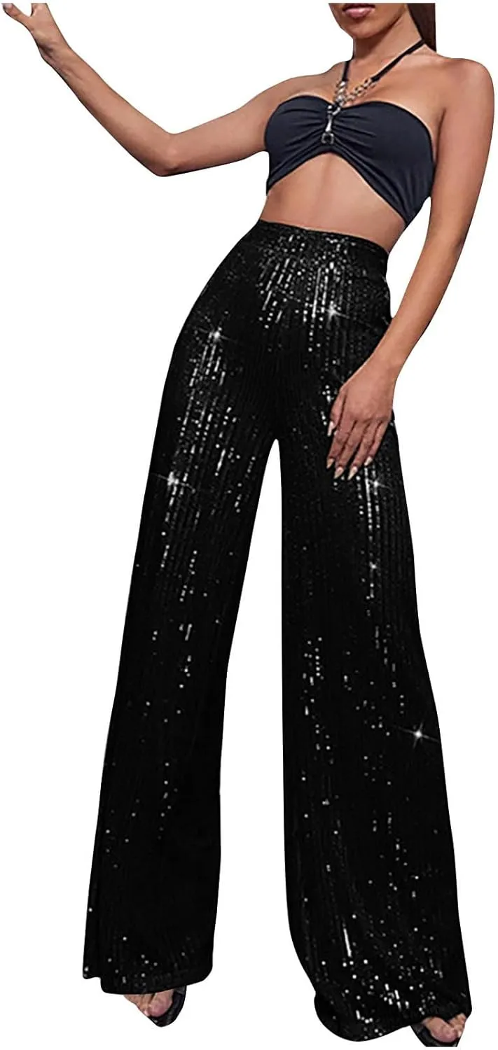 Sequin Pants for Women 2023 High Waist Bell Bottoms Glitter Wide Leg Palazzo Pants Night Club Sparkle Flared Trousers