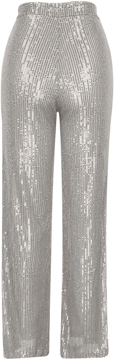 Sequin Pants for Women 2023 High Waist Bell Bottoms Glitter Wide Leg Palazzo Pants Night Club Sparkle Flared Trousers