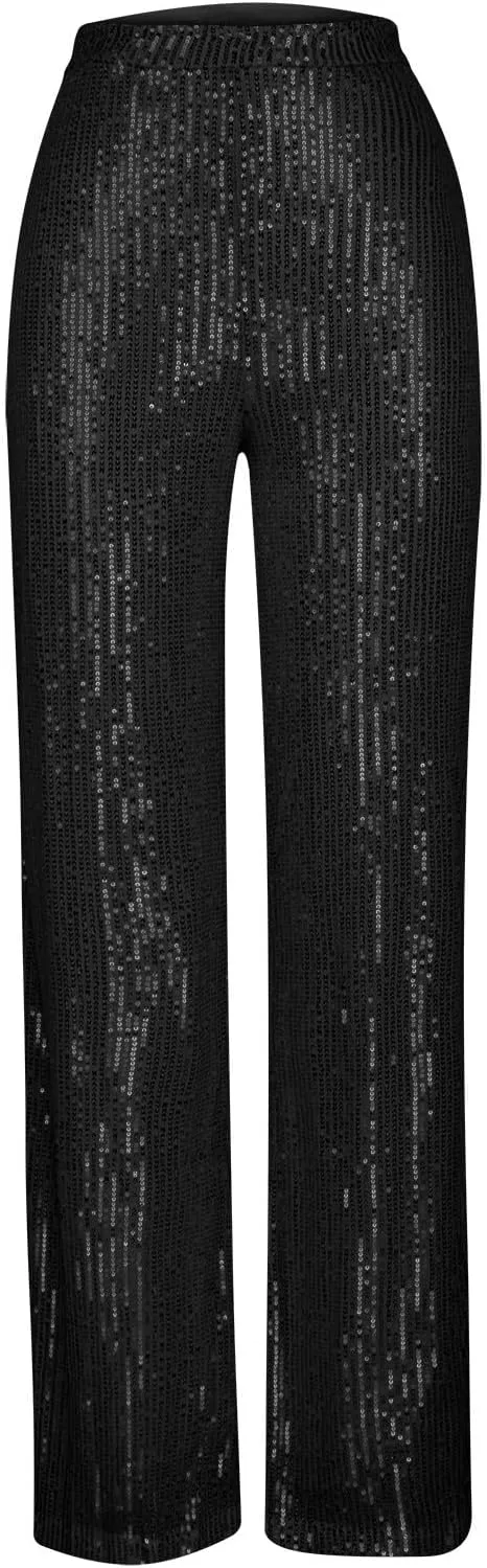 Sequin Pants for Women 2023 High Waist Bell Bottoms Glitter Wide Leg Palazzo Pants Night Club Sparkle Flared Trousers