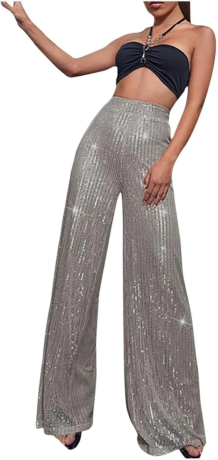 Sequin Pants for Women 2023 High Waist Bell Bottoms Glitter Wide Leg Palazzo Pants Night Club Sparkle Flared Trousers