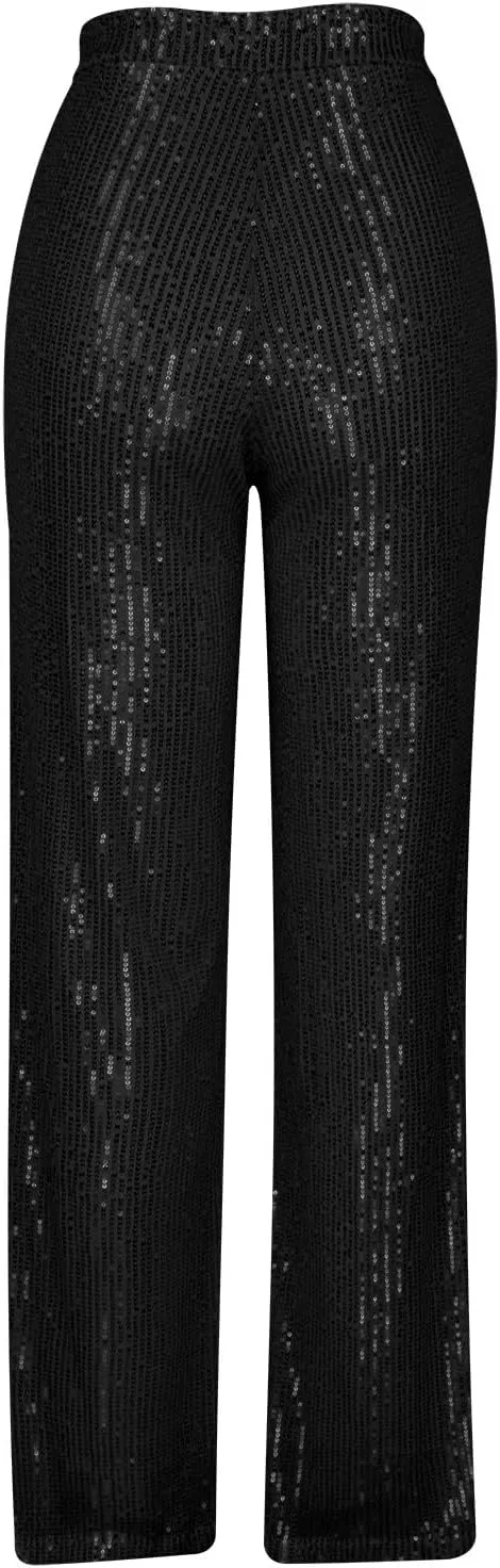 Sequin Pants for Women 2023 High Waist Bell Bottoms Glitter Wide Leg Palazzo Pants Night Club Sparkle Flared Trousers