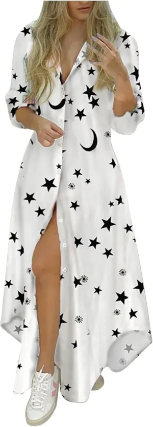 Shirt Dresses for Women,2024 Summer Casual Button V Neck Maxi Dress,Long Sleeve Print Irregular Slit Hem Beach Dress